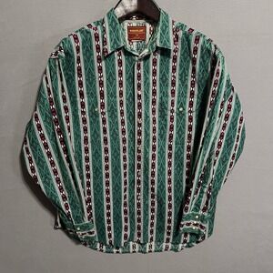 Vintage Rustler by Wrangler Western Shirt XL Green Geometric Tribal Pearl Snap
